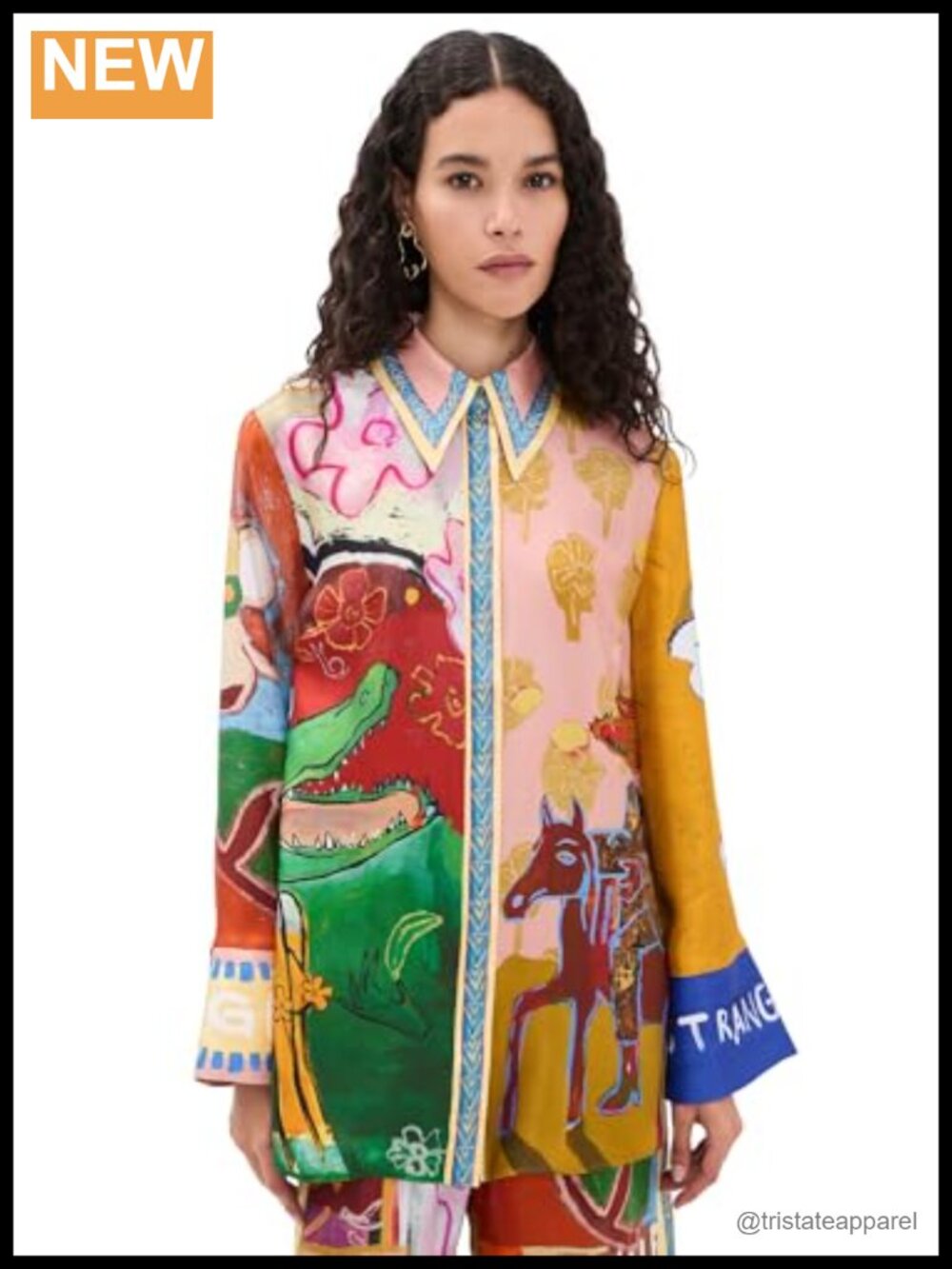 Silk Twill Graphic Print Button Down Shirt Long Sleeve